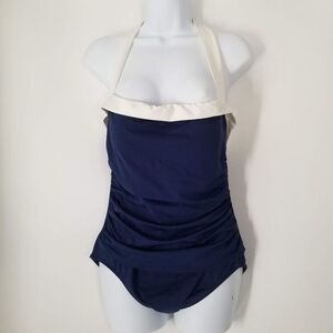 Lauren Ralph Lauren Blue & White One Piece Rockability Halter Swimsuit Size 12